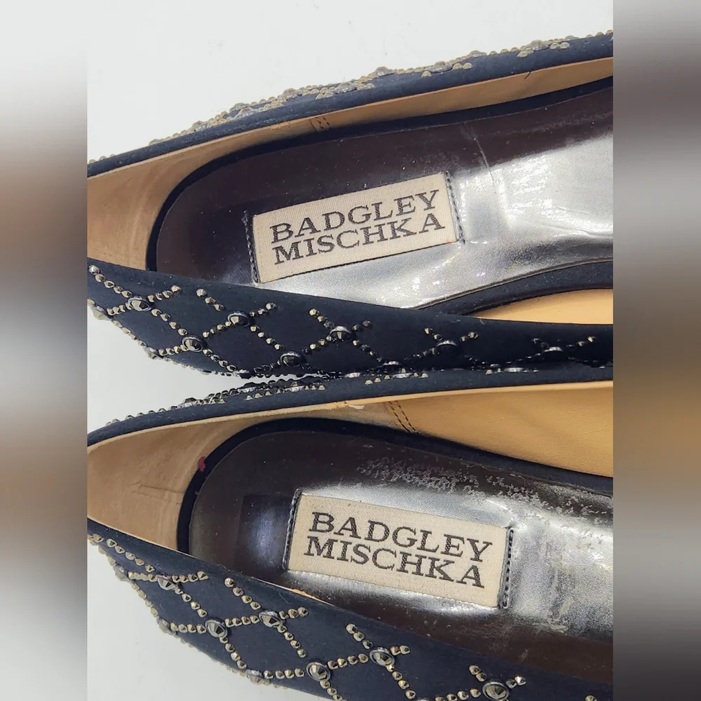 Badgley Mischka Norell Quilted Crystal Satin Flats In Black Size 7.5